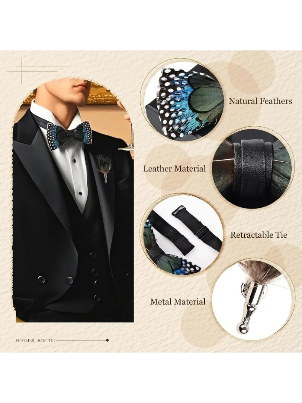 Adjustable Feather Bow Tie for Men, Handmade Leather Tuxedo Accessory